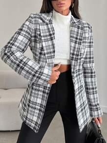 EURMUSE Plaid Blazer Jacket - Black and White - View 2