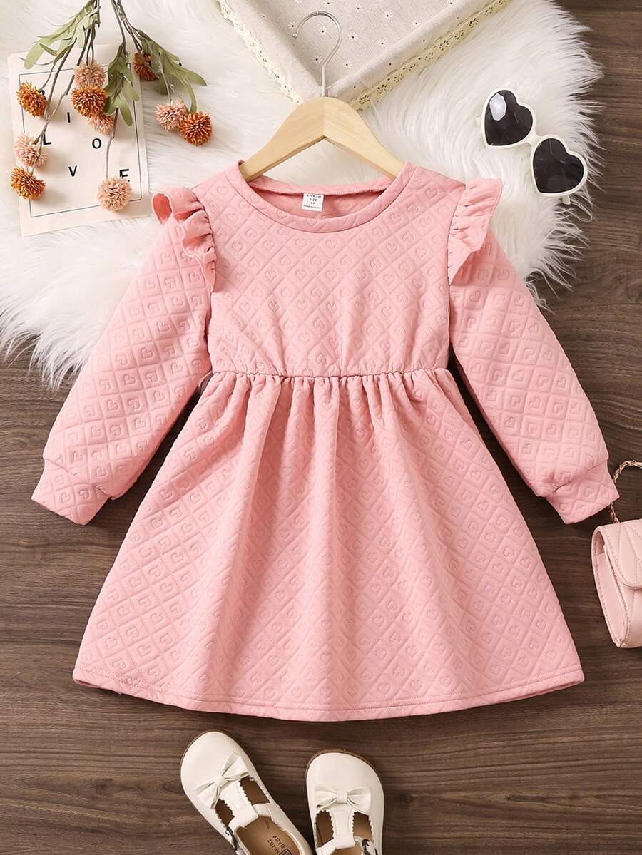 SHEIN Váy viền bèo nhún họa tiết trái tim cho bé gái - Hồng - Xem 1