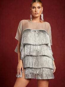 Hauture 对比色分层金属流苏迷你连衣裙 - 灰色 - 查看 3