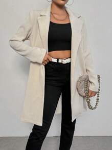 Chiquease Lapel Neck Open Front Corduroy Coat - Apricot - View 1