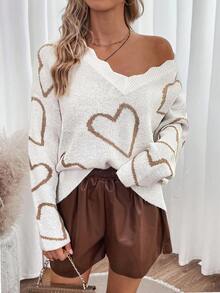 Chiquease Hình trái tim Cắt vỏ sò Thả vai Áo len - trắng - Xem 3