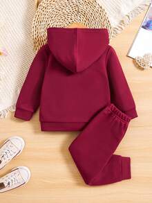 2入組女嬰休閒運動帽t字母印花長袖上衣和長褲,適用於秋季戶外活動穿著 - 酒紅色 - 查看 2
