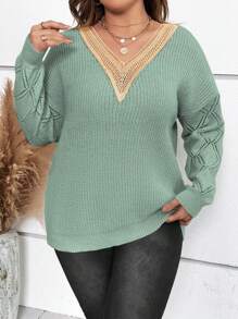 Flirla Plus Guipure Lace Panel Drop Shoulder Sweater Knit Pullover Fall Winter Sweater - Mint Green - View 1