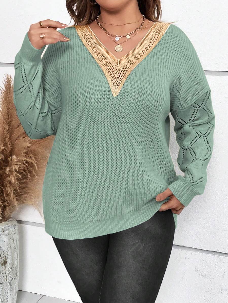 Flirla Plus Guipure Lace Panel Drop Shoulder Sweater Knit Pullover Fall Winter Sweater - Mint Green - View 1