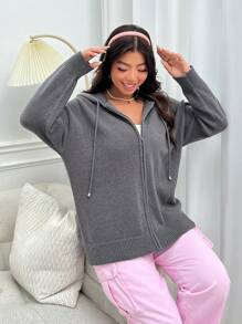 SHEIN EZwear Plus Size Hooded Cardigan With Rabbit Pattern, Zipper And Drawstring - Grey - View 2