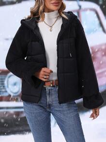 SHEIN LUNE Teddy Panel Drop Shoulder Drawstring Hooded Zipper Padded Padded Coat Clothes Winter - Black - View 5