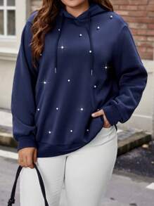 Celure Plus Size Pearls Beaded Drop Shoulder Drawstring Sweatshirt - Navy Blue - View 1