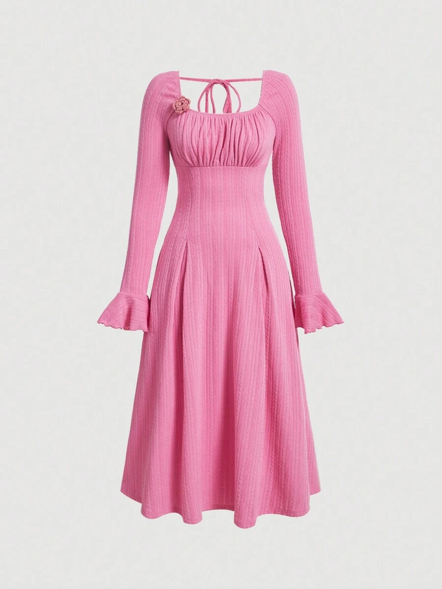 SHEIN MOD Tie Back Flare Sleeve Ruched Bust Dress - Pink - View 1