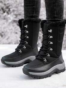 女士保暖内衬防水中筒系带雪地靴，户外旅游休闲冬季黑色雪地鞋 - 黑色 - 查看 1