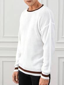 RueChic Men Striped Trim Drop Shoulder Sweater - White - View 4