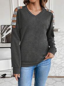 SHEIN LUNE Glitter Patchwork Hollow Out Sweatshirt Pullover Fall Sweatshirt - Dark Grey - View 1