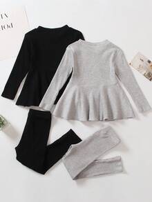 SHEIN Toddler Girls' 2 Sets Of Ribbed Stripe Top & Leggings Outfits - Multicolor - View 2