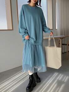 FRIFUL 女式網布拼接下擺落肩連身裙 - 藍色 - 查看 3