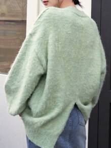 FRIFUL 女式后开衩落肩毛绒针织毛衣，秋季女装 - 綠色 - 查看 5