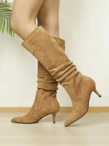 Women's Pointed Toe Pleated High Heel Boots With Suede And Leather Material, Black Color, Knee-High, Slip-On, Fashionable Hot Seller For Autumn/Winter - Apricot - View 3