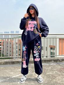 SHEIN EZwear Plus Letter Graphic Drop Shoulder Hoodie & Sweatpants - Navy Blue - View 4