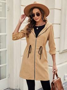 Chiquease Drawstring Waist Zip Up Hooded Coat - Khaki - View 1