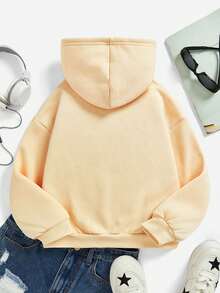 SHEIN 少女休闲爱心图案长袖抓绒卫衣，适合秋冬季穿着 - 米色 - 查看 2
