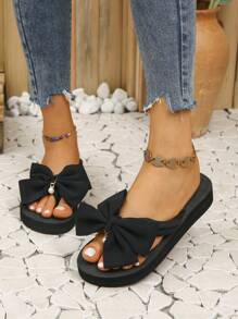 女式蝴蝶結涼鞋,夏季時尚高跟戶外防滑厚底人字拖,海灘度假鞋帶楔形底 - 黑色 - 查看 1