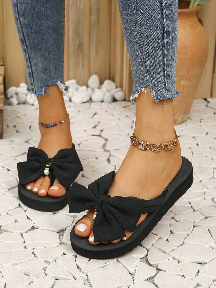 女式蝴蝶結涼鞋,夏季時尚高跟戶外防滑厚底人字拖,海灘度假鞋帶楔形底 - 黑色 - 查看 1
