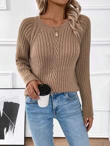 EMERY ROSE Round Neck Sweater With Raglan Sleeve - Khaki - View 5