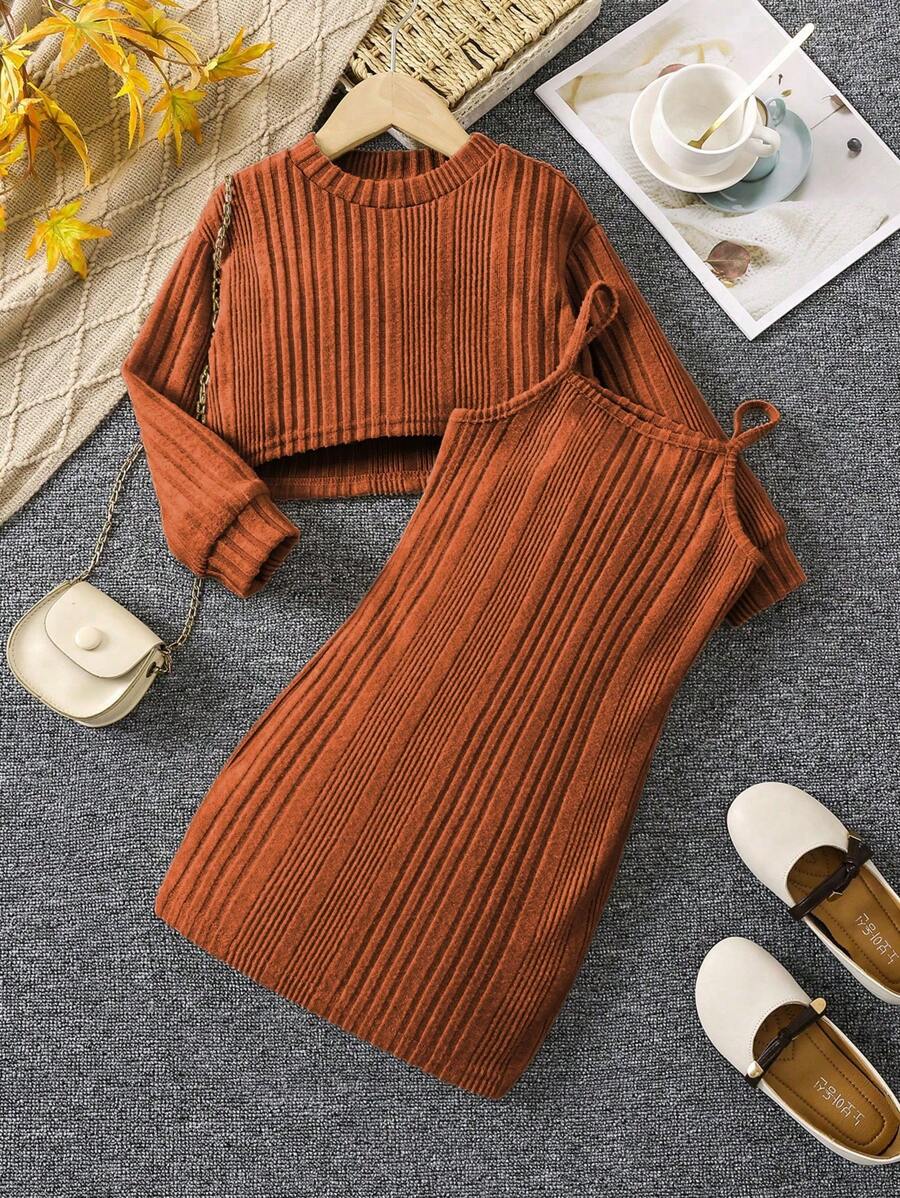 SHEIN Cô Gái Trẻ Hem cao thấp Áo thun & Váy Dây - màu nâu - Xem 1