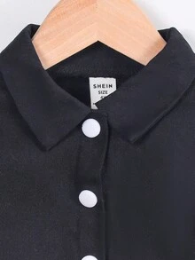 SHEIN 女小童字母圖案前紐扣夾克 - 黑色 - 查看 5