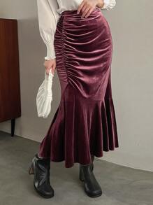 FRIFUL Velvet Mermaid Hem Ruched Skirt - Red Violet - View 1