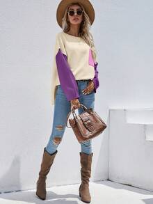 SHEIN Essnce 拼色下垂肩分割式毛衣 - 紫色 - 查看 4