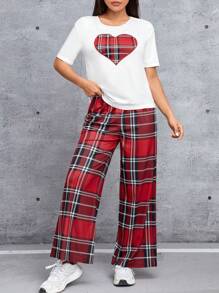 SHEIN PETITE In Trái tim Ngắn tay Quần ống rộng Áo liền quần Bộ - trắng - Xem 1