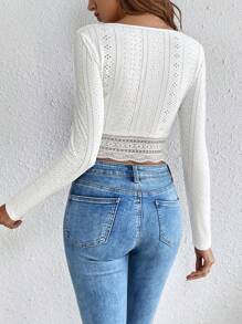 SHEIN Frenchy 蕾絲拼湊長袖t恤 - 白色 - 查看 2