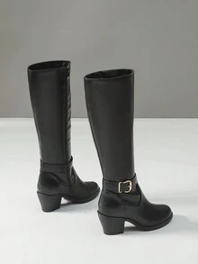 時尚及膝靴子適合女士,黑色,裝飾的帶金屬扣,側拉鍊,多用途,圓頭,粗跟高跟鞋,舒服的,適用於秋天&冬天 - 黑色 - 查看 3