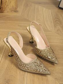 Women's Gold Rhinestone Pointed Toe Square High Heel Sandals, With Ankle Strap, Spring/Summer New Arrival - Gold - View 6