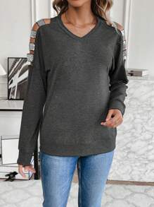 SHEIN LUNE Glitter Patchwork Hollow Out Sweatshirt Pullover Fall Sweatshirt - Dark Grey - View 3
