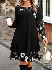 EMERY ROSE 大尺碼花卉印花雙層荷葉邊下擺洋裝（荷葉邊） - 彩色 - 查看 3