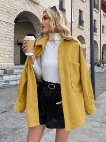 SHEIN Essnce 口袋設計落肩羊毛夾克 - 芥末黃 - 查看 4