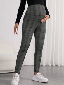 SHEIN Maternity Adjustable Waist Plaid Print Leggings