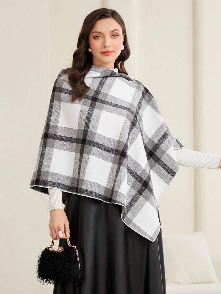 Plaid Print Batwing Sleeve Asymmetrical Hem Cape Overcoat Fall Cloth For Women