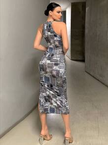 SHEIN Essnce Vestido ajustado de mujeres con retazo con estampado vintage - Azul - Ver 3