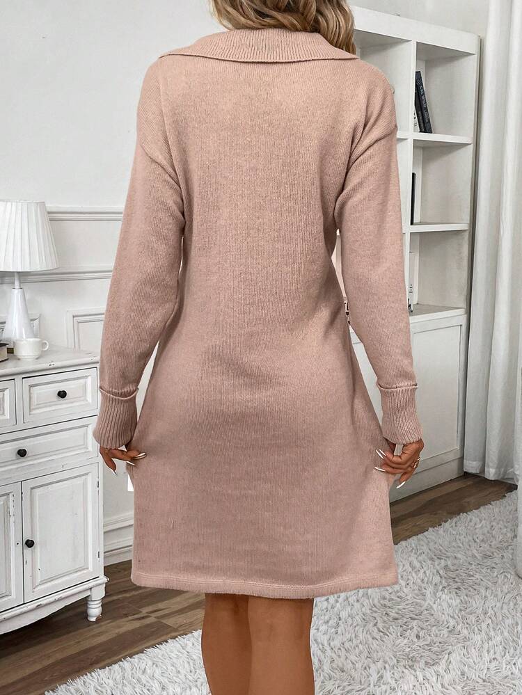 Women's Sweater Dress With Button Detail, Pleats, Slit Hem And Cinched Waist Winter Pink Casual