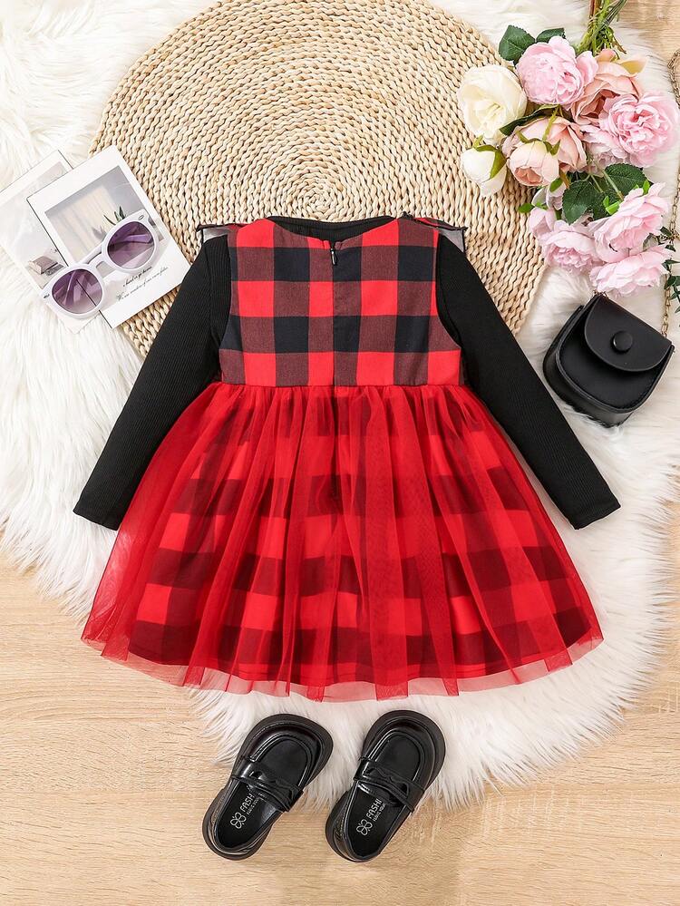 Baby Girl Casual Knitted Top Plaid Splicing Mesh Sleeveless Dress Set