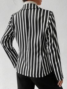 SHEIN Frenchy Striped Print Single Button Blazer - Black - View 2