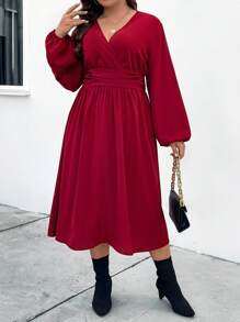 SHEIN Unity Más El Vestido De Talla De Mangas De Linterna Con Dobladillo De Volantes - Burdeos - Ver 2