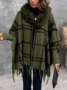 SHEIN Clasi 格紋邊角釦領休閒針織外套 - 軍綠色 - 查看 6