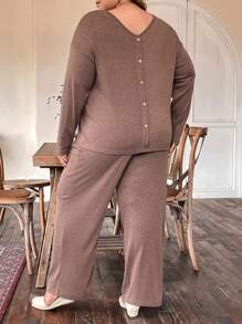 EMERY ROSE Women's Plus Size V-neck Drop Shoulder Two-piece Set - Rust Brown - View 1