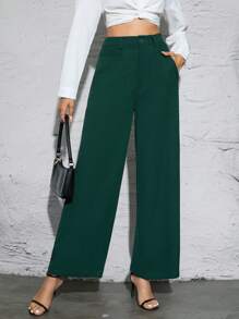 SHEIN Essnce Chất rắn Túi nghiêng quần ống rộng Quần tây - Màu xanh lá cây đậm - Xem 1
