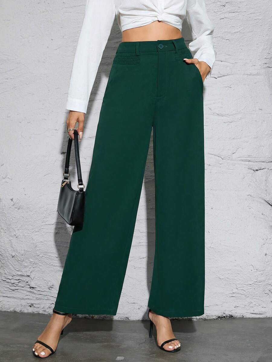 SHEIN Essnce Chất rắn Túi nghiêng quần ống rộng Quần tây - Màu xanh lá cây đậm - Xem 1