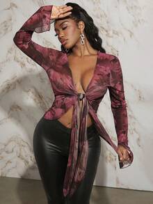 SHEIN Slayr 系带前开襟花卉网纱上衣 - 彩色 - 查看 3