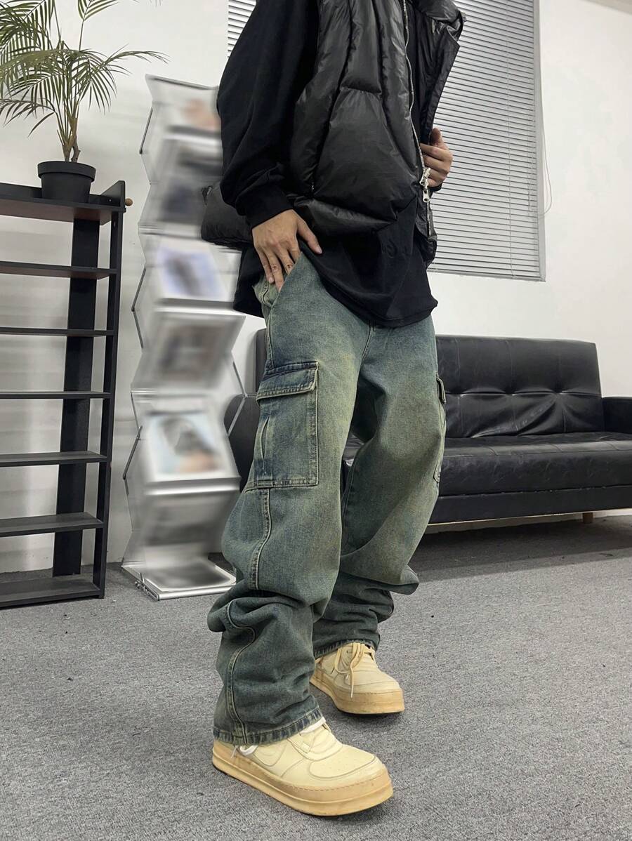 Claim Dot Quần Cargo thường ngày giặt sạch cho nam, quần dài ống đứng màu xanh đậm trơn, quần Cargo giặt sạch tối màu, dành tặng chồng, quà tặng bạn trai - Rửa trung bình - Xem 1