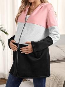 SHEIN Thai sản Khối màu áo có mũ Dây kéo Áo khoác - Nhiều màu - Xem 6